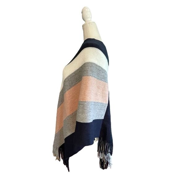 Striped Poncho Sweater Pink Gray Blue White Knit Fringed Detail Pull-Over OS - Picture 2 of 3